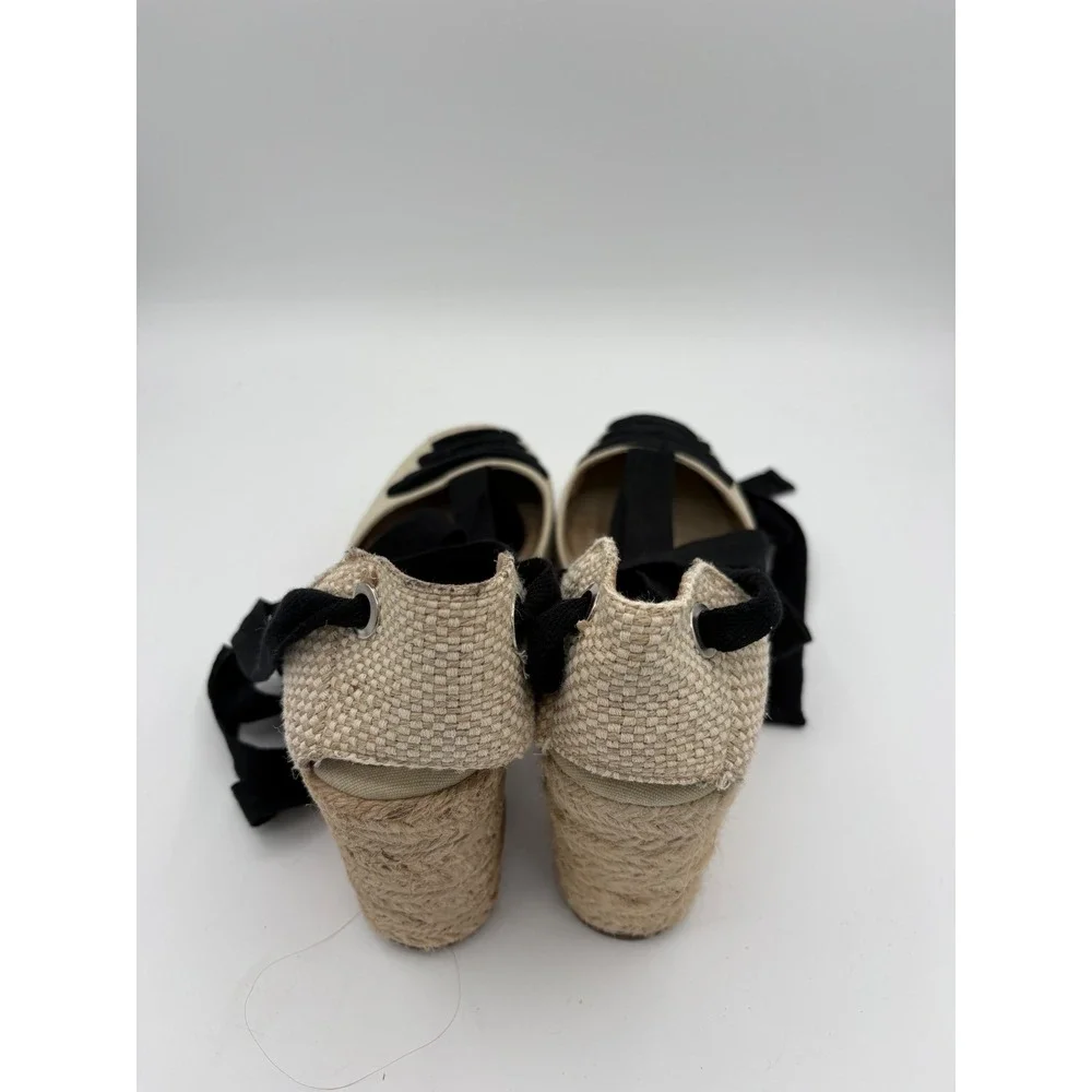 Corina Womens Espadrille Wedge Sandals Beige Black Ribbon Ankle Tie Size 40